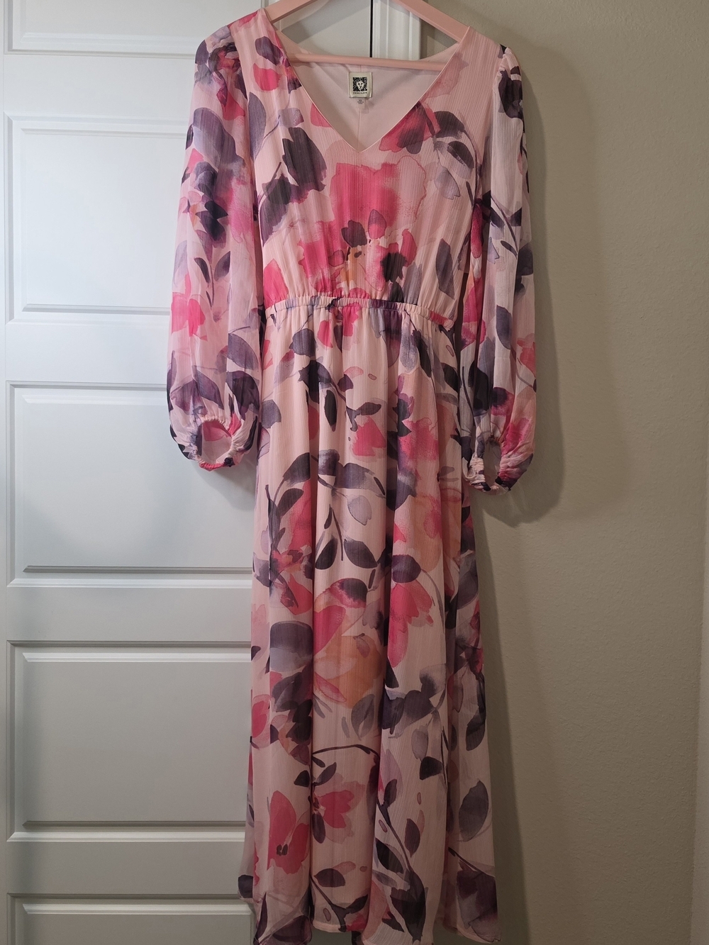 Anne Klein Pink & Purple Floral V-Neck Maxi Dress